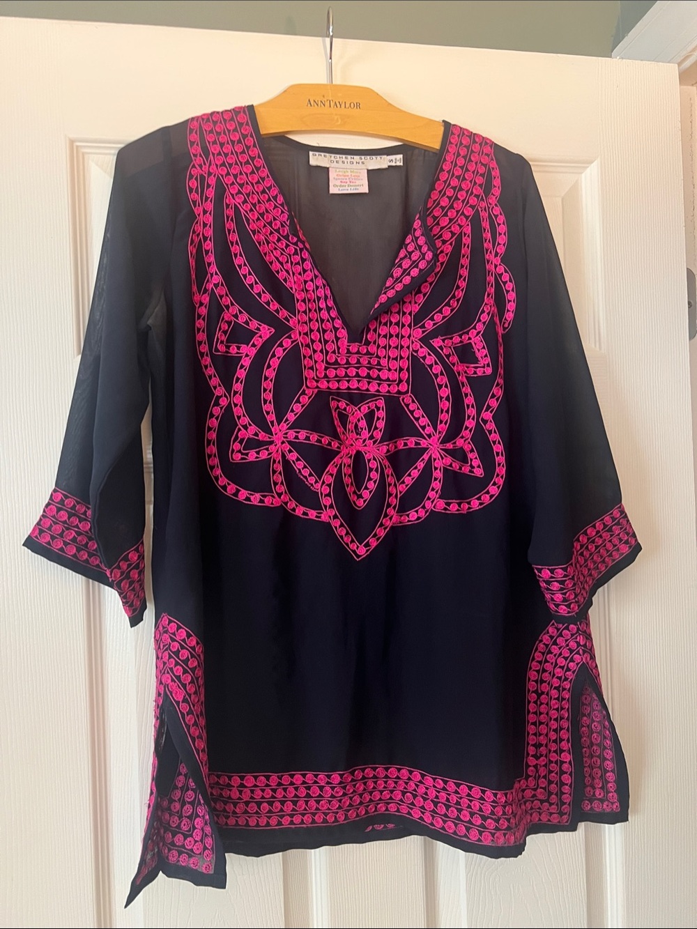 Gretchen Scott Designs sheer navy blue Tunic with Hot Pink Embroidery